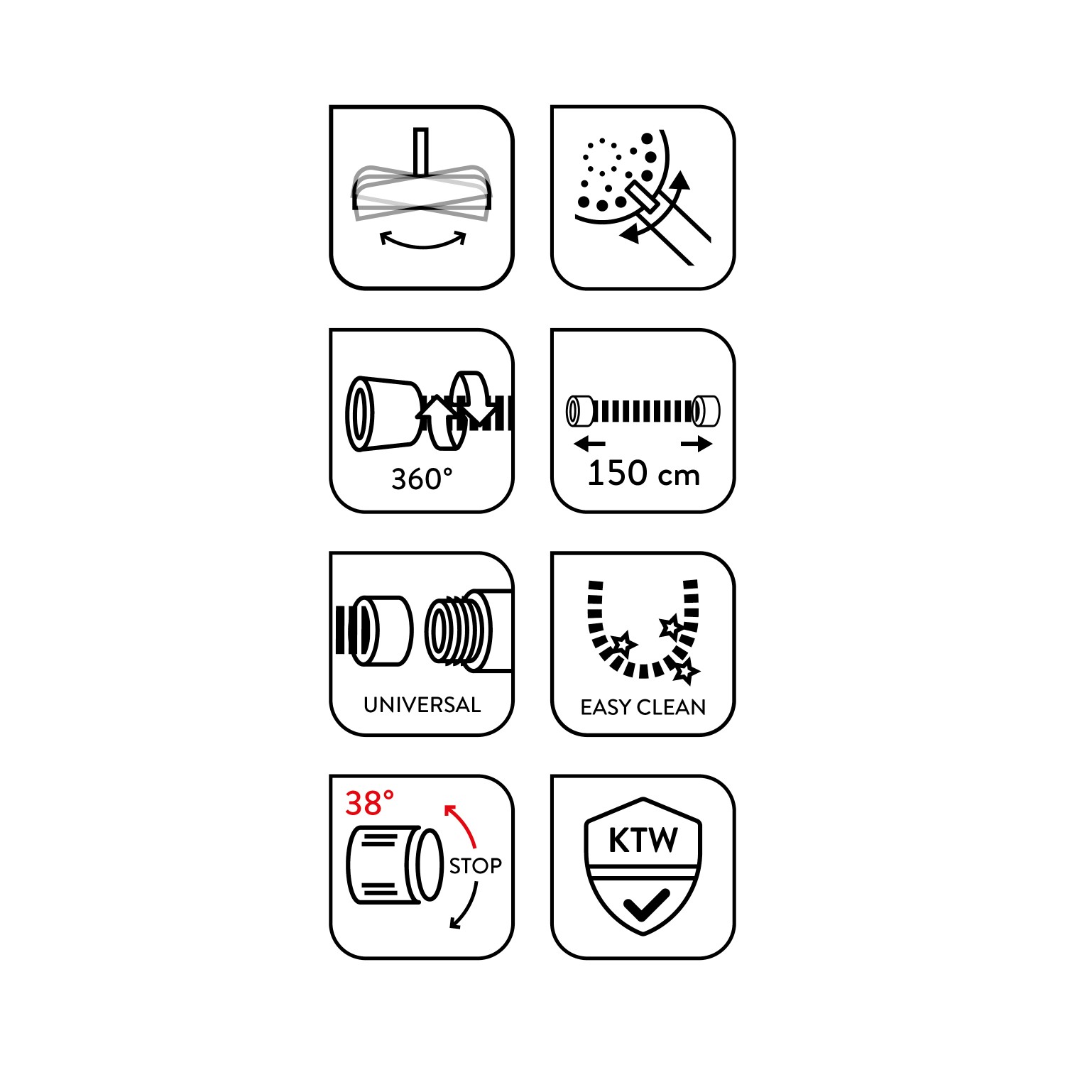 Piktogramme zu Funktionen des schwarzen, matten baliv Überkopfbrause-Sets KBS-23.90.