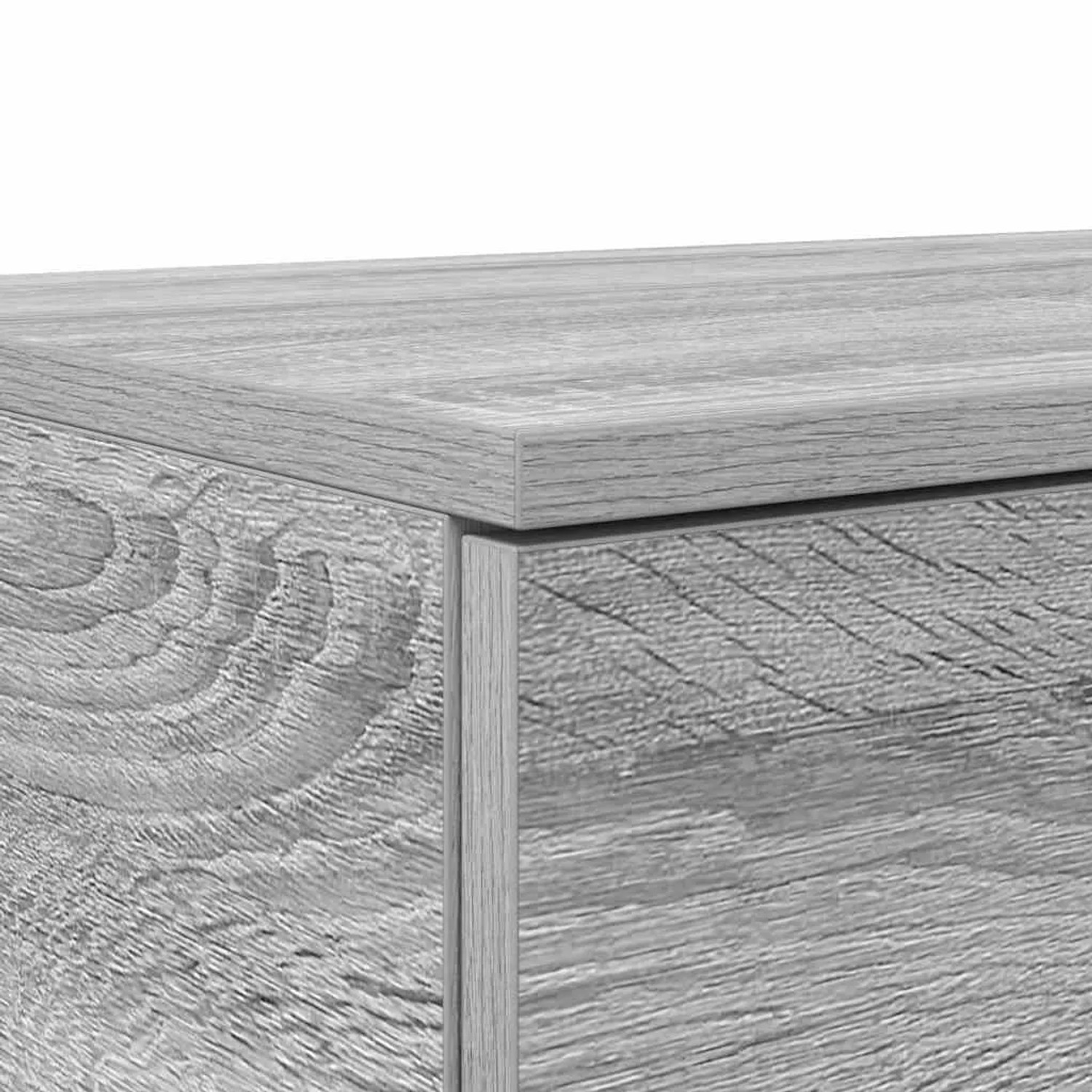 Detailansicht der grauen Sonoma Bettschublade aus Holzwerkstoff mit sichtbarer Holzmaserung.
