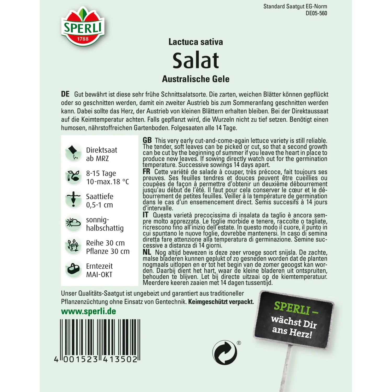 Sperli Pflücksalat Australische Gele Samenpackung für den Gemüseanbau.