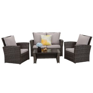 Graues MeXo Balkonmöbel Set aus Polyrattan für 4 Personen mit Tisch und Kissen.