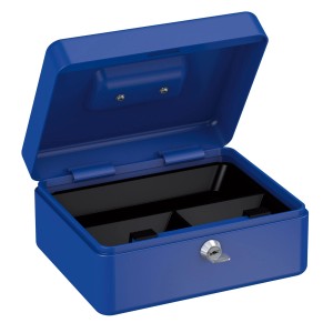 Offene blaue Geldkassette Basi GK 10M mit Münzeinsatz und Schlüssel.