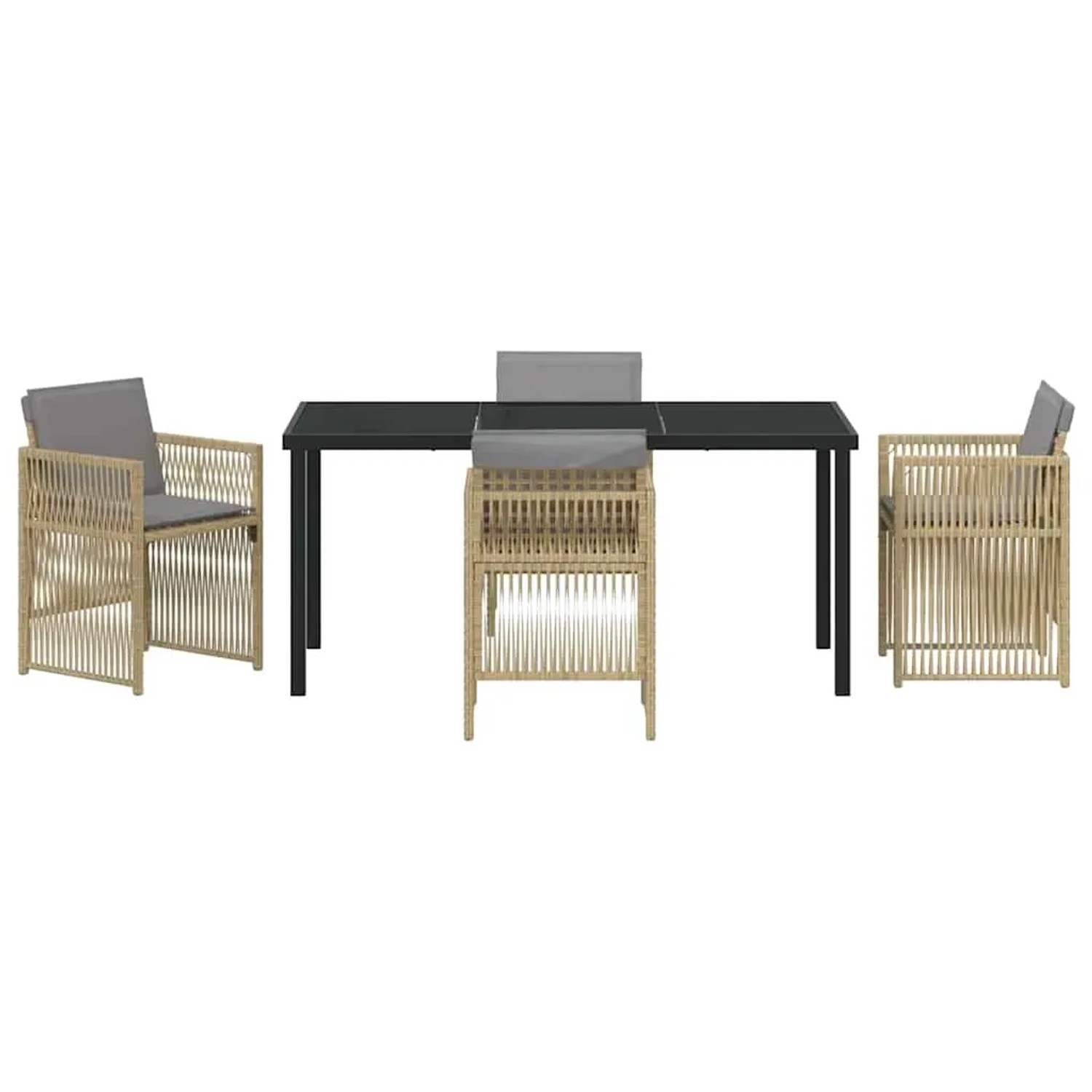 Beige 5-teilige Garten Essgruppe aus Poly Rattan mit Tisch und Stühlen.