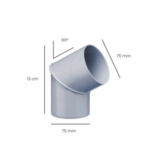 Grauer Inefa PVC Rohrbogen 60 Grad DN 75 für Fallrohr. Verbindungselement für Dachrinnen, 13 cm hoch, 75 mm Durchmesser.