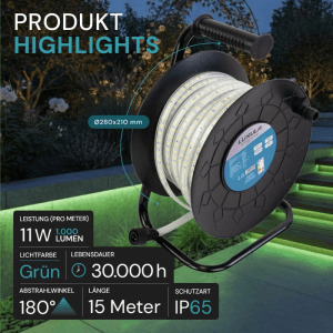 LUXULA LED Streifen Grün 15m auf Trommel, wassergeschützt, für Weihnachtsbeleuchtung & Effektbeleuchtung.