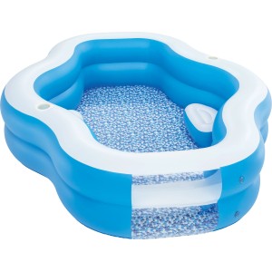 Blau-weißer Bestway Aufstellpool, geschwungene Form, mit Sitzkissen und Sichtfenster. Ideal für Familienspaß.