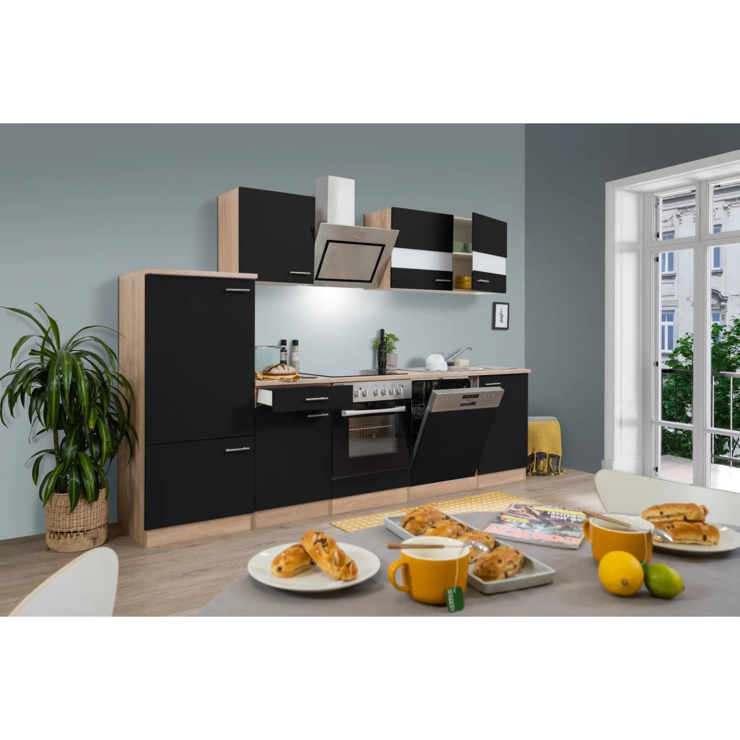 Respekta Economy Küchenzeile KB280ESSSC, 280 cm, Schwarz und Eiche Sägerau Optik.