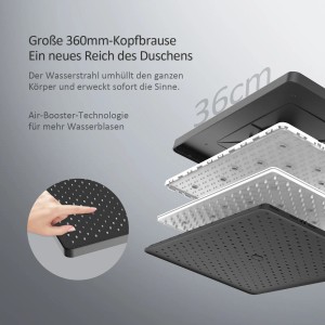 Emke Duschsystem mit Thermostat, mattschwarze Regendusche mit 360mm Kopfbrause und Handbrause.