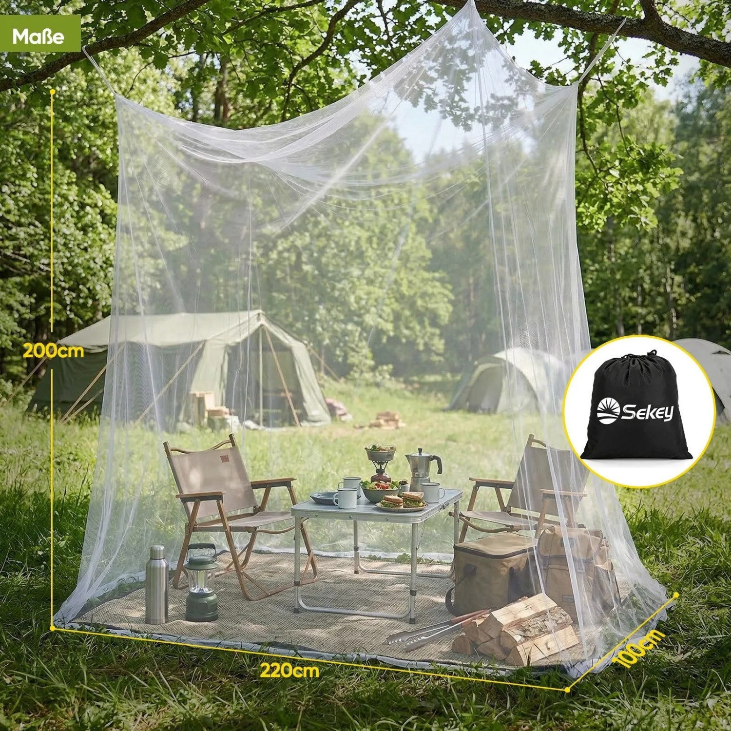 Weißes Sekey Moskitonetz rechteckig, 220x100x200cm, als Insektenschutz beim Camping. Inkl. Tasche.