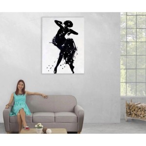 Handgemaltes Ölgemälde Tänzerin auf Leinwand. Abstraktes Wandbild in Schwarz-Weiß mit Sprenkeln für moderne Dekoration.