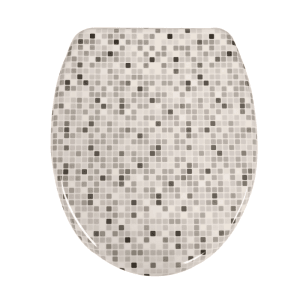 Sinobath Duroplast WC Sitz mit Absenk-Automatik, modernes Mosaikmuster in Grau- und Weißtönen.