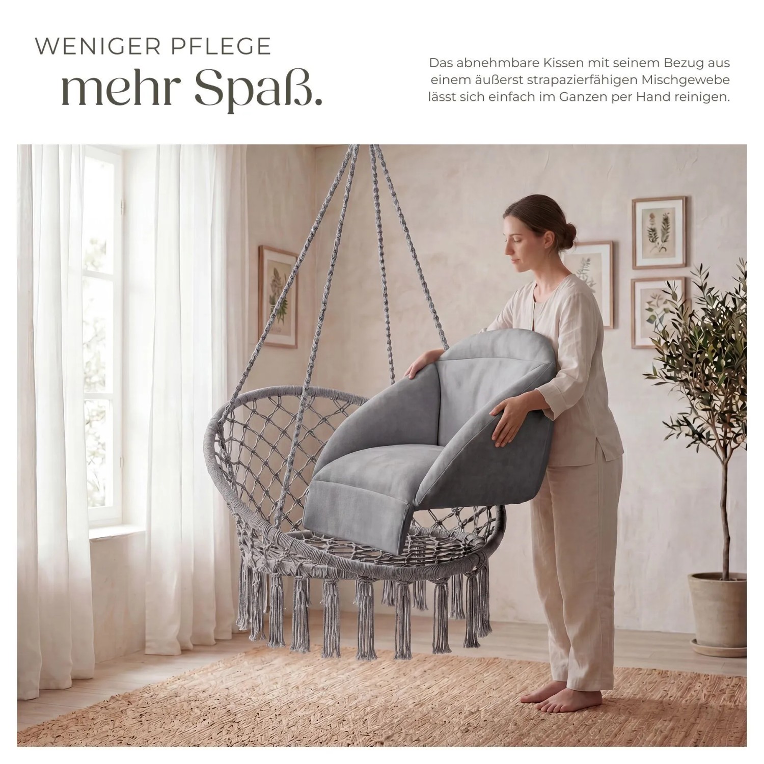 Tectake Hängesessel Samira Mit Dickem Sitzkissen Stabile Halteseile  81 x 80 x 139 cm Grau_7