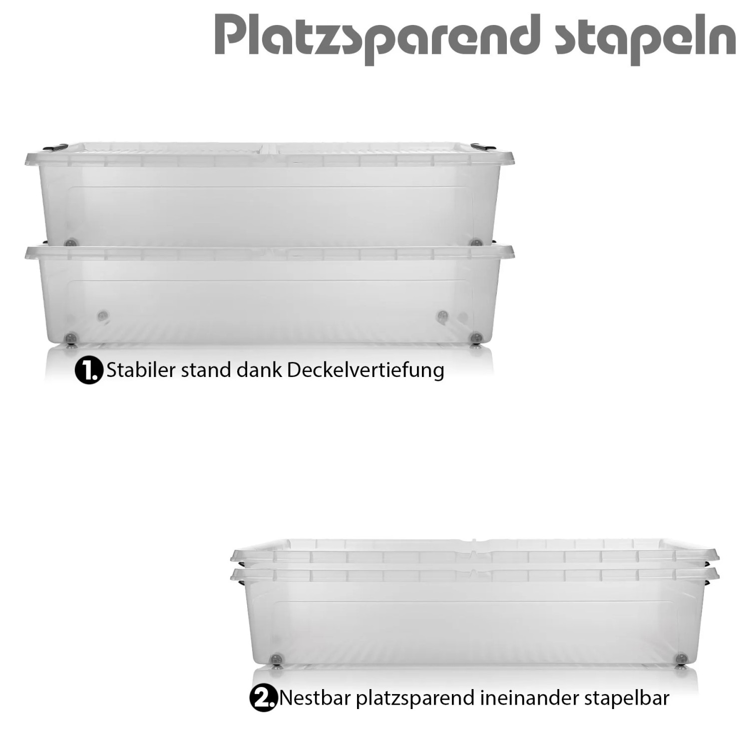 Zwei transparente Unterbett Aufbewahrungsboxen aus Kunststoff, stapelbar und nestbar für platzsparende Lagerung.