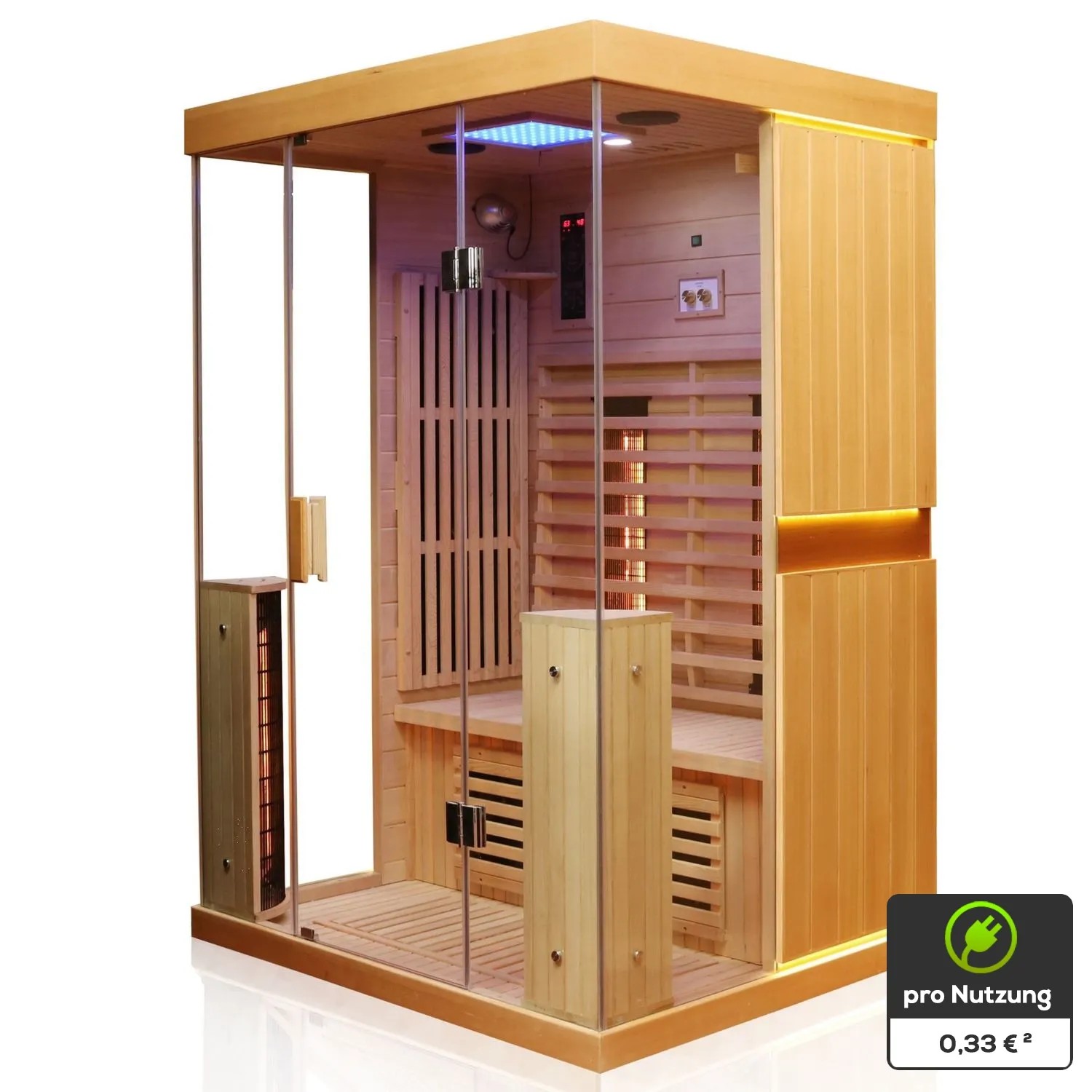 Dewello Infrarotkabine Kingston für 2 Personen aus Hemlock Tannenholz mit Glasfront und LED-Farblicht.