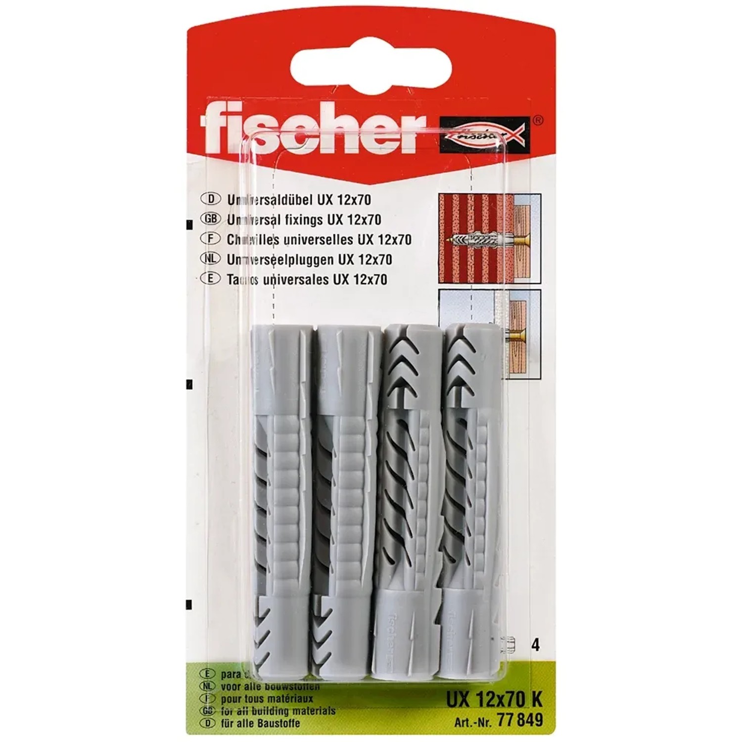 Fischer Universaldübel UX 12x70 K, 4 Stück, geeignet für verschiedene Baustoffe.