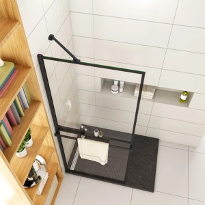 AICA 140x200cm Walk In Schwarz Aluminiumrahmen Duschwand mit Duschregal Handtuchhalter mit Stabilisator Duschabtrennung 8mm NANO Glass F070B