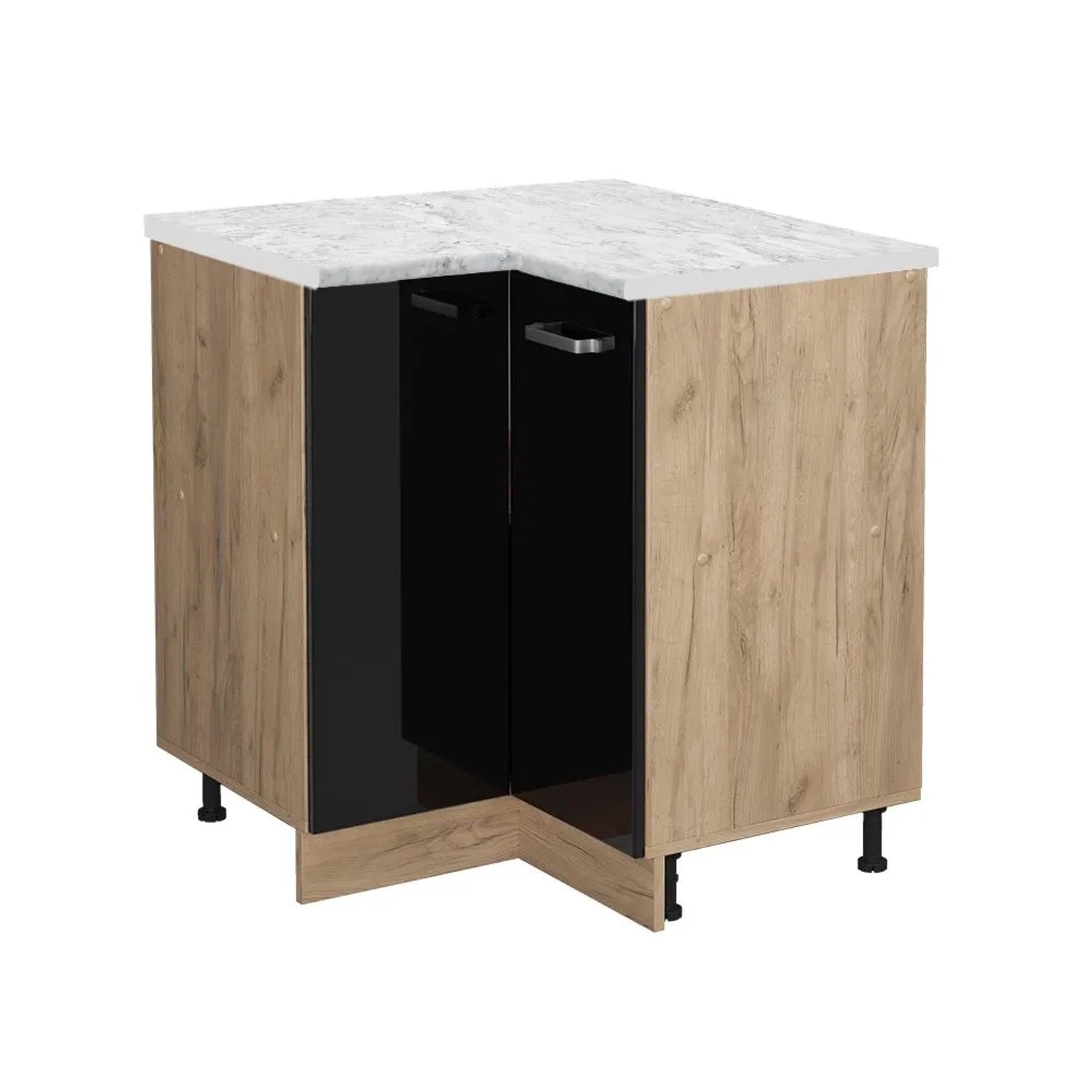 Vicco Eckunterschrank R-Line Schwarz Hochglanz Goldkraft Eiche 76 cm AP Marmor