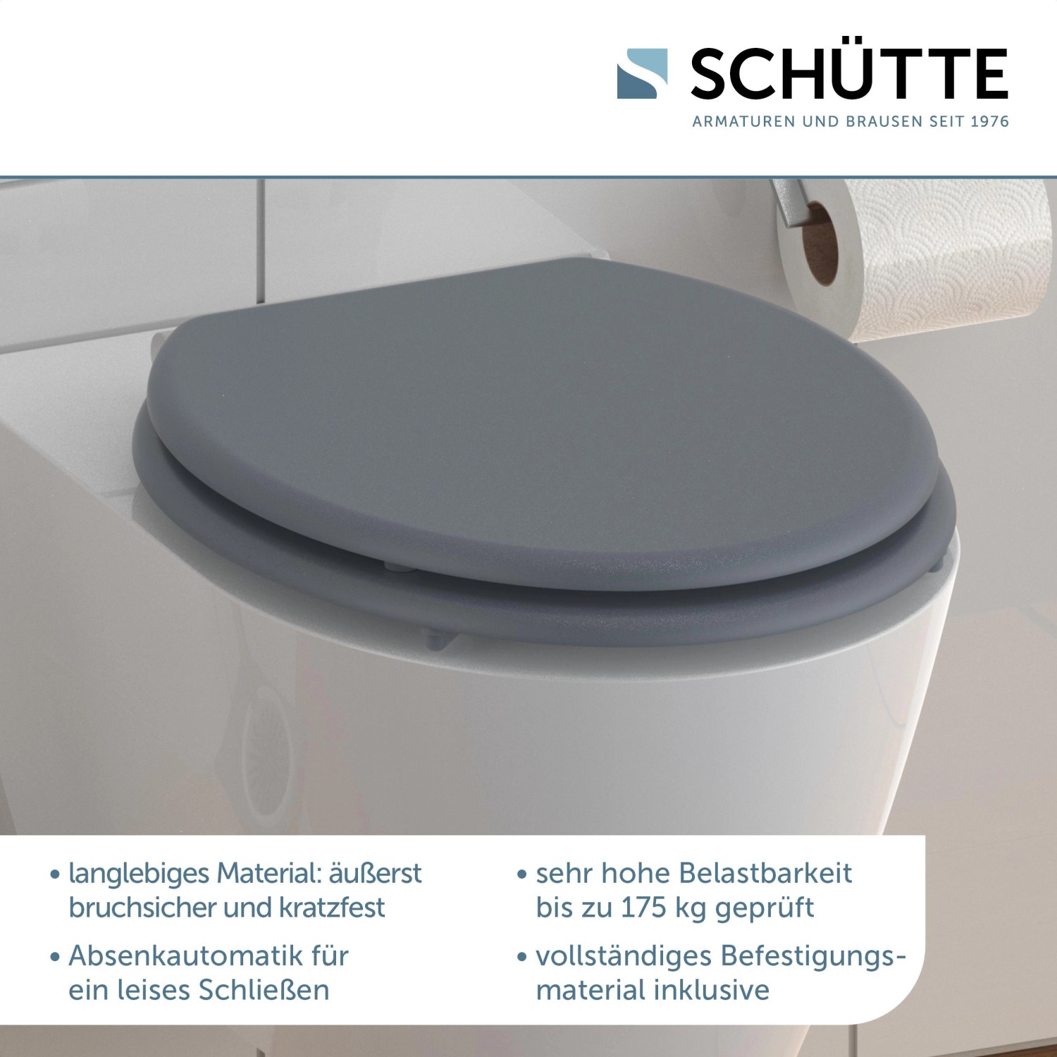 Schütte WC-Sitz MDF Spirit Grey mit Absenkautomatik auf einer Toilette.