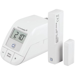Weißes Homematic IP Easy Connect Set: Heizkörperthermostat mit Display (21°C) und Fensterkontakt für Smart Home.