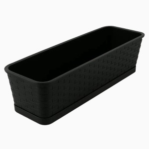 Anthrazitfarbener BigDean Blumenkasten 80 cm mit Rattan-Optik und abnehmbarem Untersetzer für Balkon.
