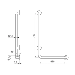 Delabie Handlauf L-Form rechts Ø32 mm H750 mm Edelstahl hochglanzpoliert