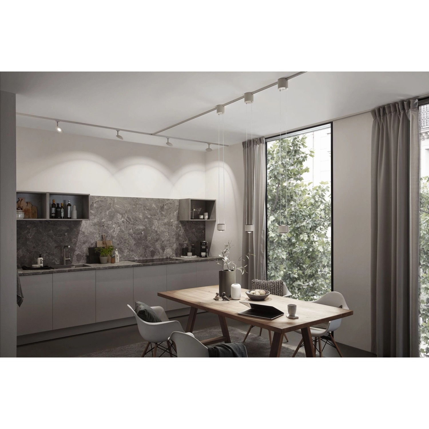 URail Schienensystem mit weißen LED-Spots Sphere, 7,4W, 2700K, in moderner Küche.