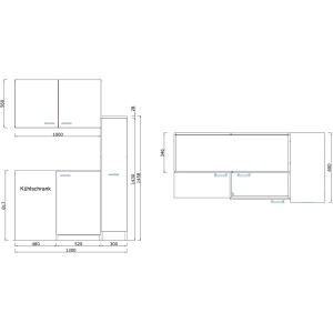 Technische Zeichnung der Respekta Küchenzeile MK130ESSOS, 130 cm, Schwarz-Eiche Sägerau Nachbildung, mit Maßen.