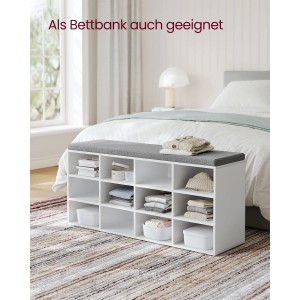Vasagle Schuhbank in Weiß-Grau mit 12 Fächern und grauem Sitzkissen als Bettbank.
