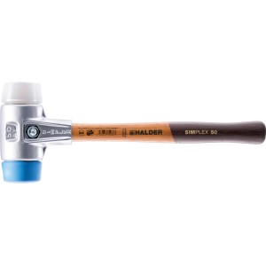 Schonhammer Simplex 50 mm mit Alu-Gehäuse und Holzstiel, blaue und weiße Einsätze.