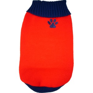 Roter Heim Hundepullover Arktis Größe 40 mit blauen Details und Pfotenabdruck.