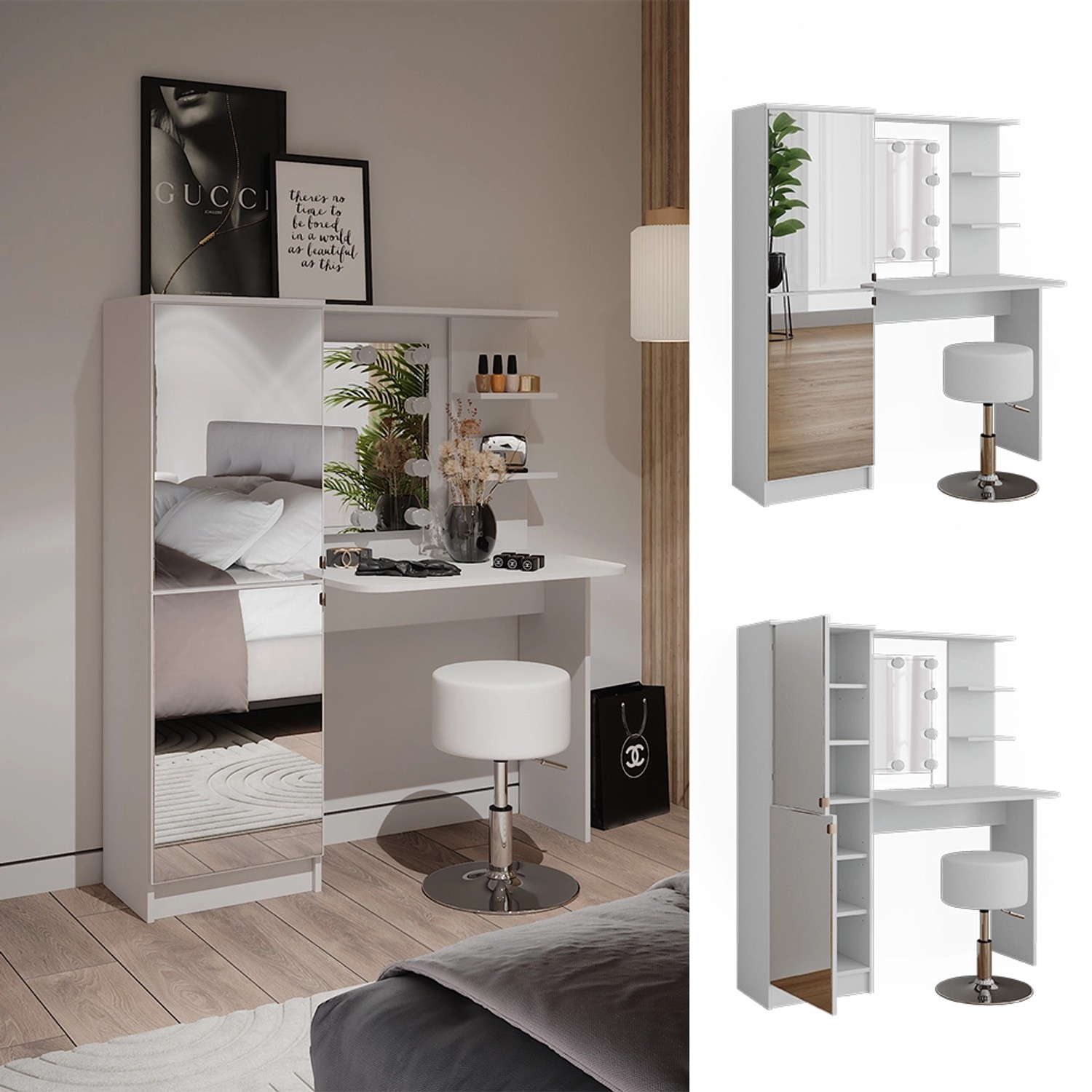 Vicco Schminktisch  Weiß 123 cm mit LED-Beleuchtung und Hocker günstig online kaufen