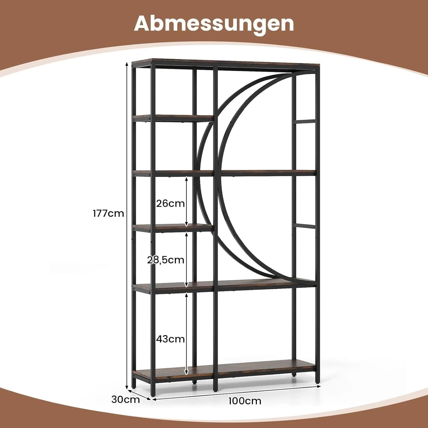 Costway Geometrisches Bücherregal Holz & Metall Braun 100 x 30 x 177 cm_4