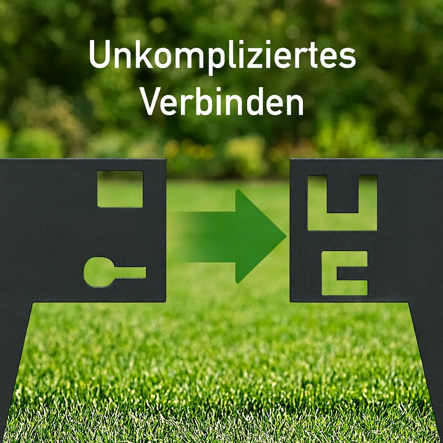Anthrazitfarbene Metall Rasenkante mit Stecksystem. Zwei Elemente verbinden sich einfach für Beeteinfassung.