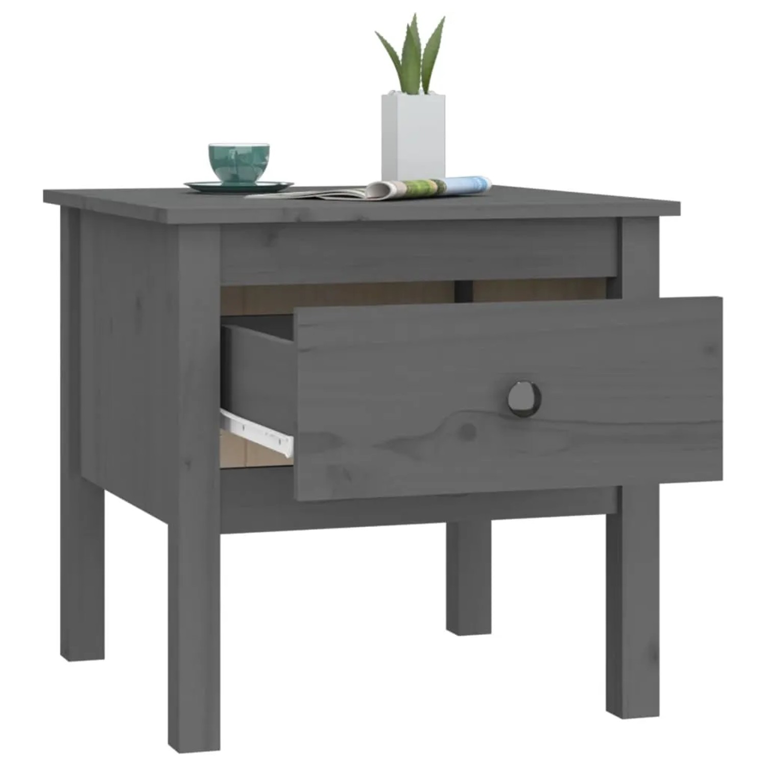 Grauer vidaXL Beistelltisch aus Kiefernholz mit Schublade, 50x50x49 cm.
