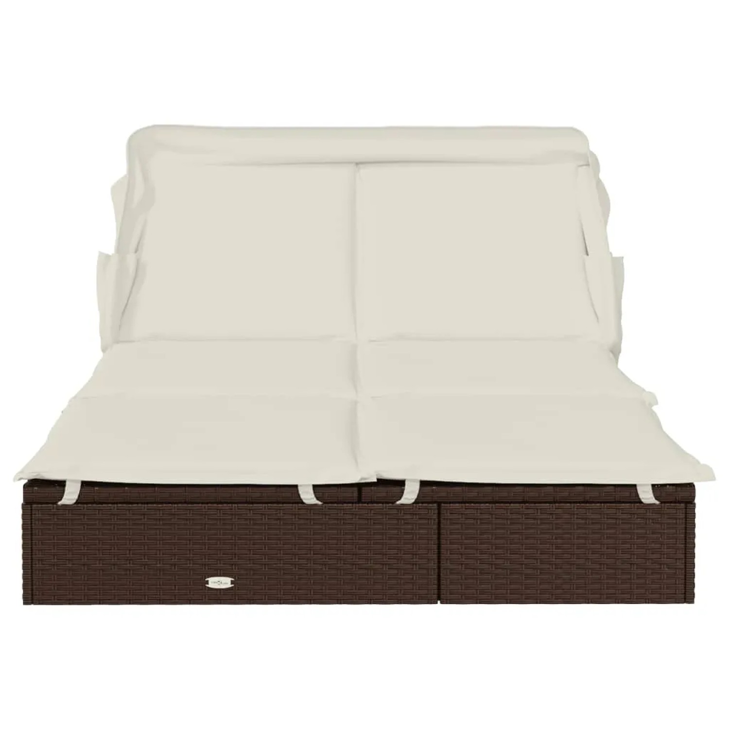 Braune 2-Personen-Sonnenliege mit Dach aus Poly Rattan und cremeweißen Kissen.