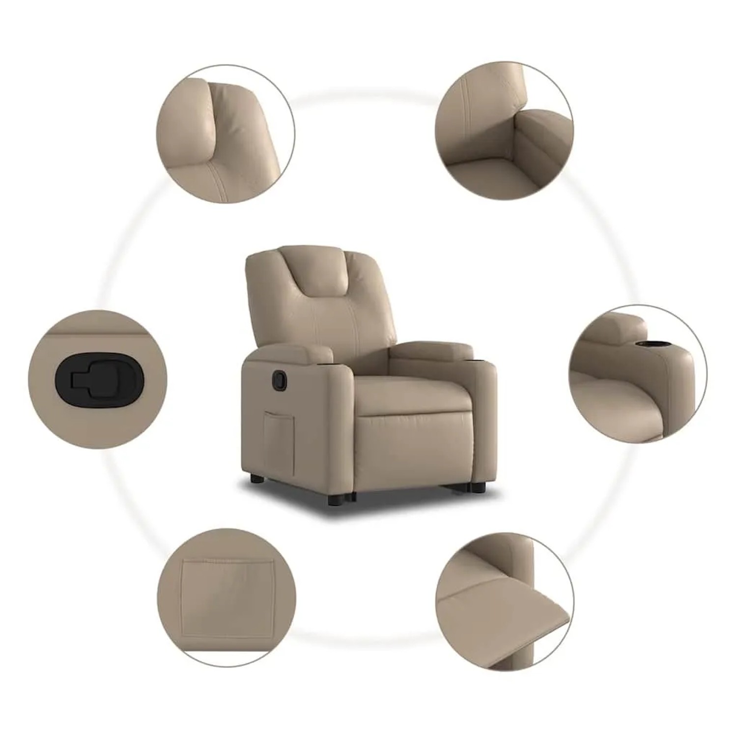 vidaXL Relaxsessel mit Aufstehhilfe, Cappuccino-Braun, Kunstleder, mit Getränkehalter und Seitentasche.