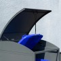 Westmann Mülltonnenbox Moderna, anthrazit, für 240 l Tonne, Deckel geöffnet mit blauer Mülltonne.