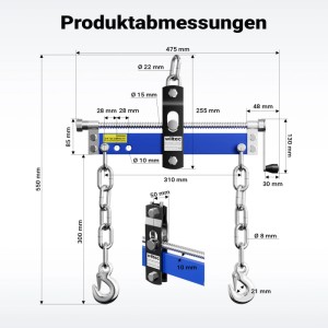Wiltec Balancierer für Werkstattkran, Motorheber, Kettenzug: Technische Zeichnung mit Maßen, blau, 750kg Tragkraft, Handkurbel.