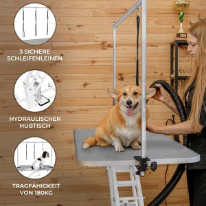 Monstershop Pflegetisch mit Hund, hydraulisch, weißes Gestell, graue Tischplatte. Ideal für die Hundefellpflege.