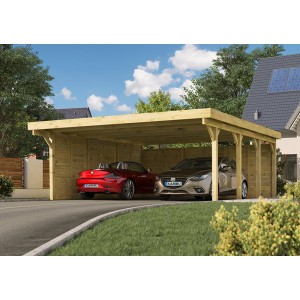 Karibu Doppelcarport Classic aus Holz mit zwei geparkten Autos.