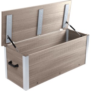 Offene, silbergraue Dobar WPC Auflagenbox (115 cm) zur Aufbewahrung von Gartenkissen.