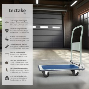 Tectake Plattformwagen  Klappbarer Handgriff 2 Block  und 2 Drehrollen  73 x 47 x 83 cm Weiß