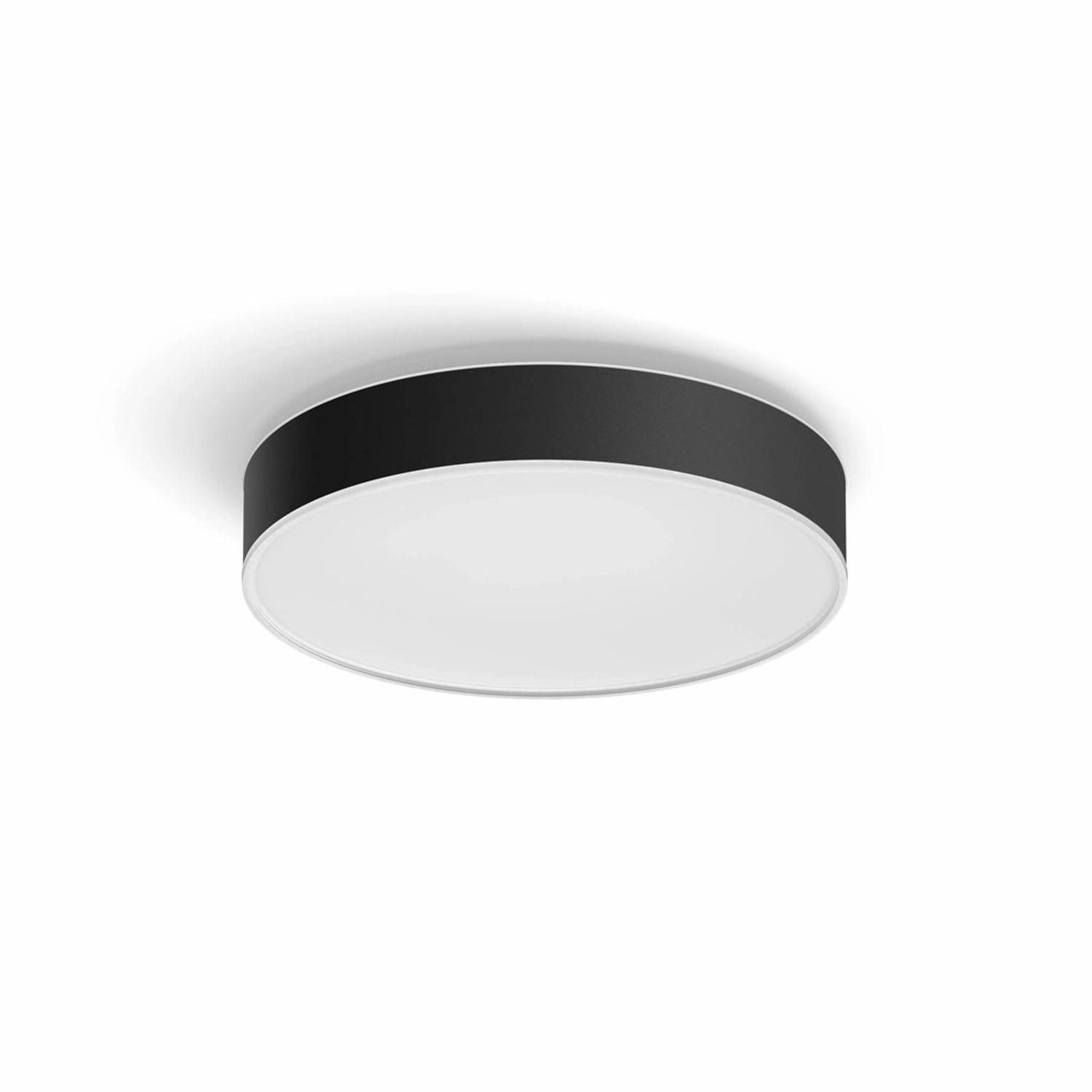 Schwarze Philips Hue Enrave M LED-Deckenleuchte mit Dimmer und weißem Licht.