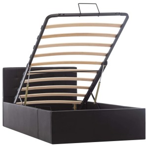 Schwarzes vidaXL Stauraumbett aus Kunstleder, hydraulisch geöffnet, Lattenrost sichtbar.