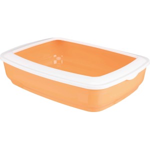 Orange-weiße Jollypaw Katzentoilette mit Rand, 38x50 cm.