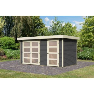 Terragraues Karibu Holz-Gartenhaus Nürnberg mit Doppeltür und Flachdach im Garten.