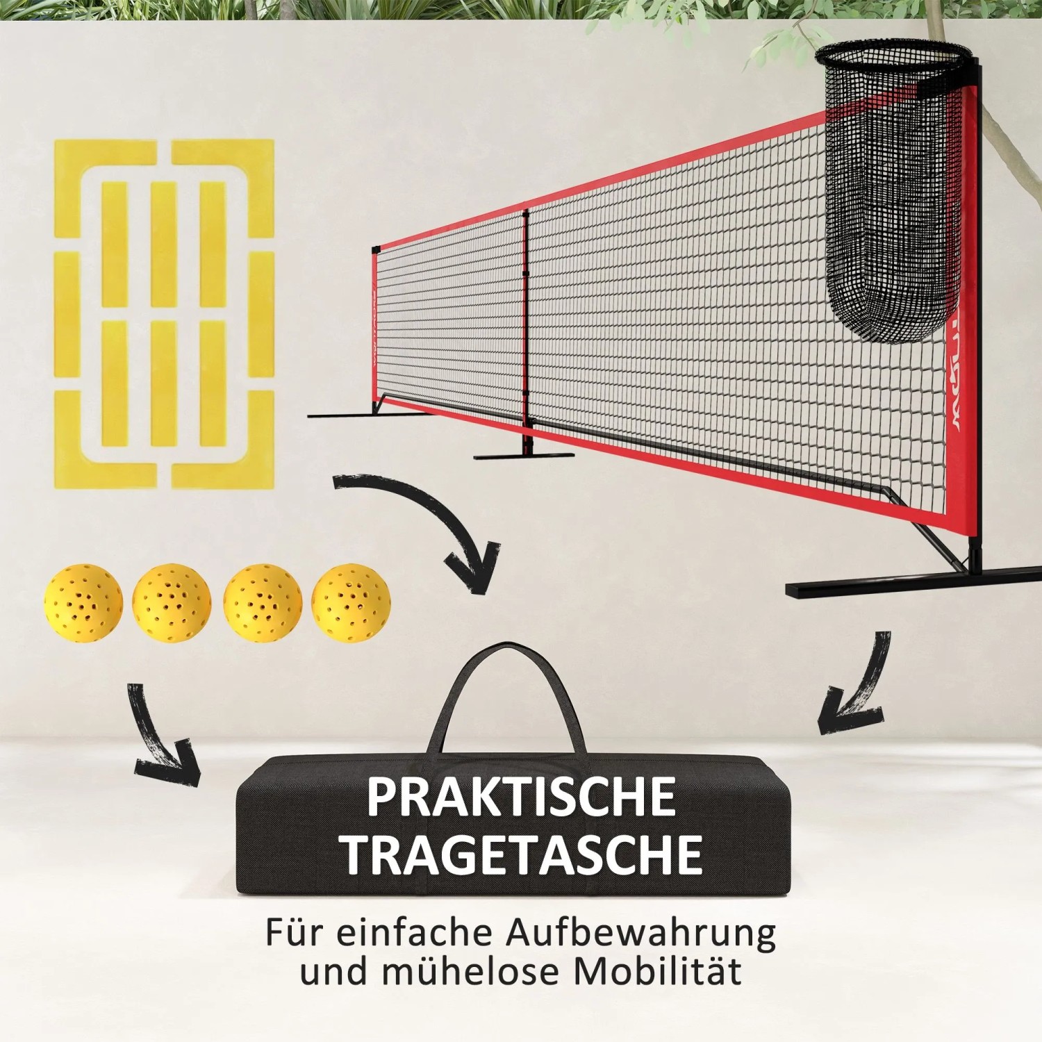 SPORTNOW Pickleball Netz Set mit rotem Metallrahmen, Ballkollektor, gelben Bällen, Markierungen und Tragetasche.