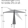 Maßzeichnung Schneider Marktschirm Cordoba 270 cm. Höhen 253 cm, 194 cm, 236 cm. Knickfunktion dargestellt.