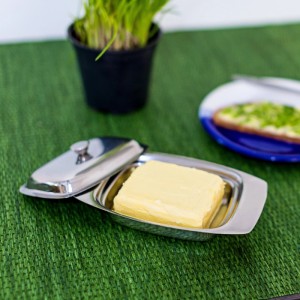 Relaxdays Butterdose Edelstahl mit Griff 19,5 cm x 13 cm x 6 cm 0,16 kg
