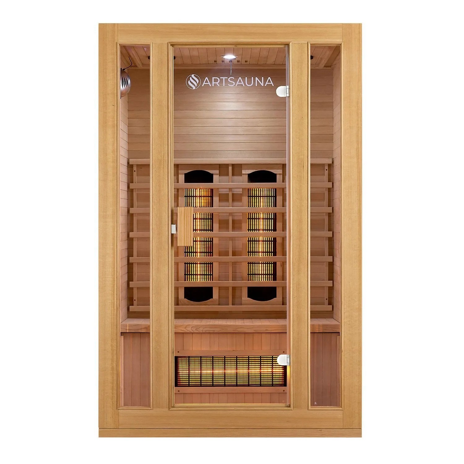 Artsauna Infrarotkabine Nyborg S120V aus Hemlockholz mit Glasfront und Vollspektrumstrahler.