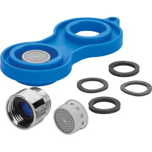 Wasserspar-Set: Mischdüsen, Montageschlüssel und Dichtungen für Bad und Dusche.